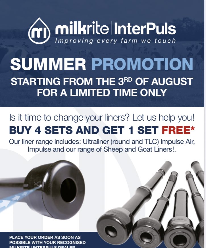 MillDairy's tweet photo. M I L K R I T E P R O M O T I O N ‼️ #buy4setsgetonefree #milkingliners #teamdairy #farm24 #milldairyservice #milkrite #interpuls @milkrite_interpuls https://t.co/qzCzd4SZ3C