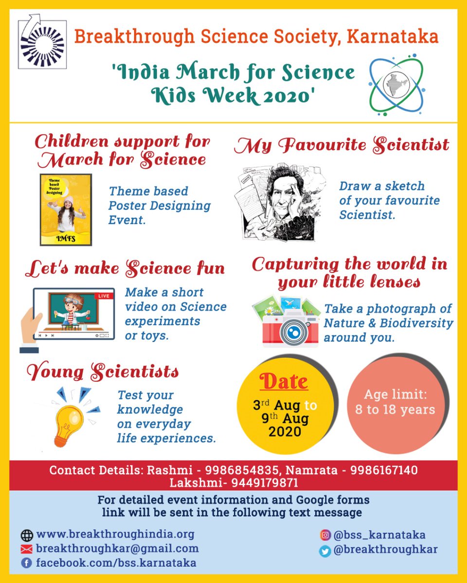 IMFSKarnataka's tweet photo. India March for Science kid's week, young minds take note! For further details contact the numbers given below.
#IMFS202
#standwithscience
#kidsforscience
#ScienceMatters
#ScienceEducation
#science https://t.co/MTs5deolAR