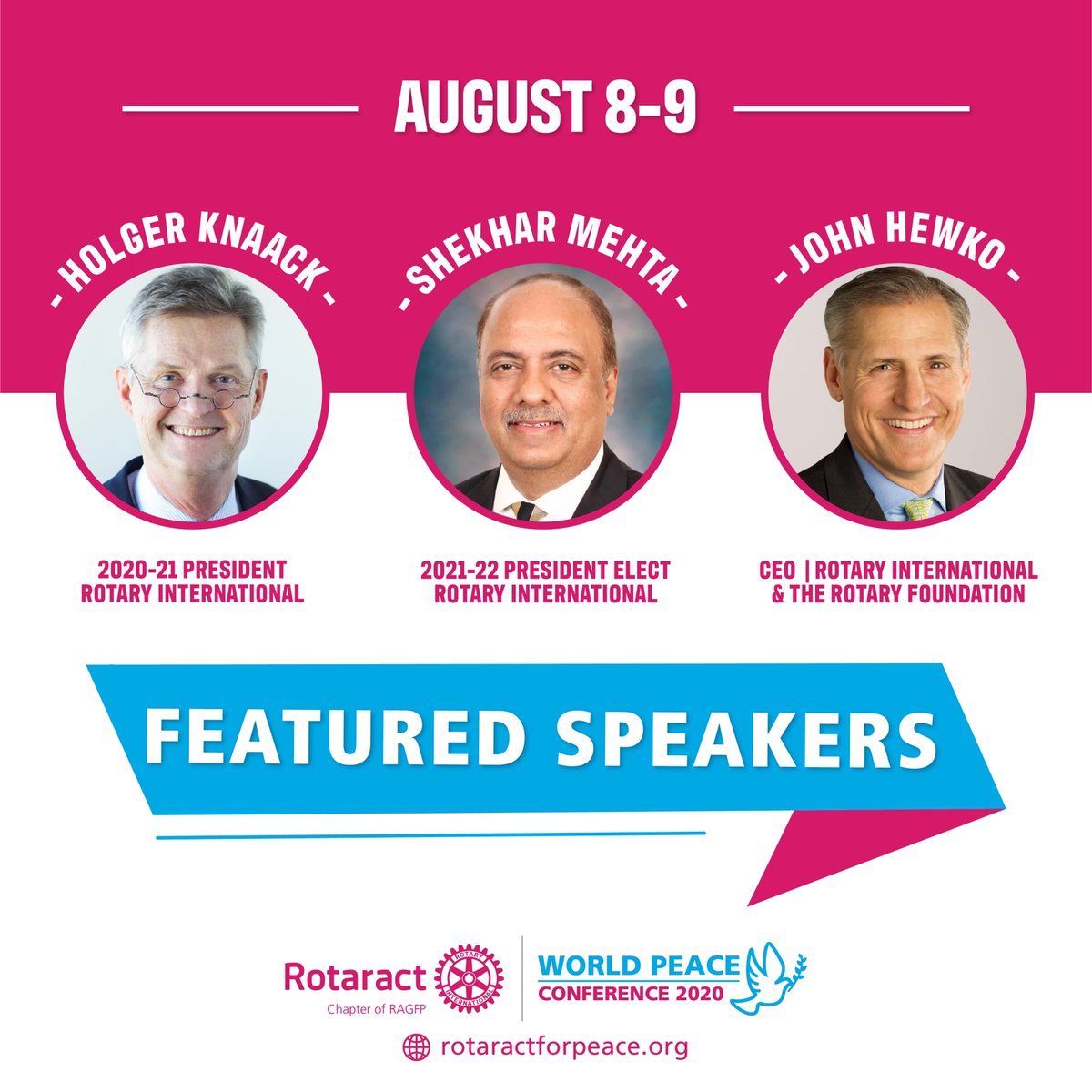 Rotaract4Peace's tweet photo. @Rotary President Holger Knaack, President-Elect Shekhar Mehta, and Chief Executive Officer John Hewko will be speaking the First-Ever Rotaract for Peace Conference. We invite you to join us on 8-9 August to learn more about Promoting Peace, while engaging in #workshops ! https://t.co/bZMGlKeMZc