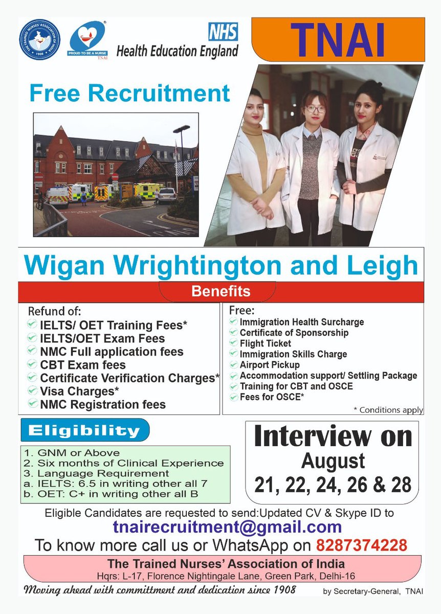 The Trained Nurses' Association of India (TNAI) (@tnainationalhq) on Twitter photo Free Recruitment of Nurses to United Kingdom- NHS Trust Hospital
Send your updated CV to tnairecruitment@gmail.com Free Recruitment of Nurses to United Kingdom- NHS Trust Hospital
Send your updated CV to tnairecruitment@gmail.com