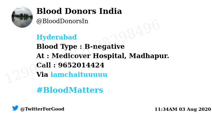 BloodDonorsIn's tweet photo. #Hyderabad 
Need #Blood Type :  B-negative
At : Medicover Hospital, Madhapur.
Blood Component : Need Plasma from B-ve #COVID19 recovered patient.
Primary Number : 9652014424
Secondary Number : 9848406008 
Via: @iamchaituuuuu
#BloodMatters
Powered by Twitter https://t.co/sZlyYFkqUl