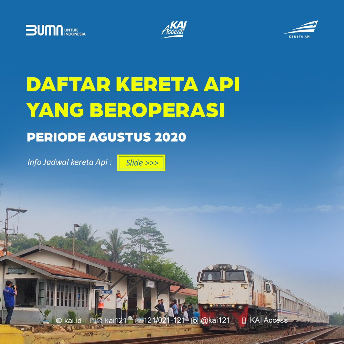 KAI121's tweet photo. Selamat datang di bulan Agustus, akan semakin banyak KA yg beroperasi utk mendukung mobilitas di masa AKB. Jgn lupa terus disiplin mematuhi protokol kesehatan agar perjalananmu semakin aman &amp; nyaman. 

Tiket sdh bisa di pesan melalui beragam kanal pemesanan ya.#KeretaBulanAgustus https://t.co/ERyzI0EszF
