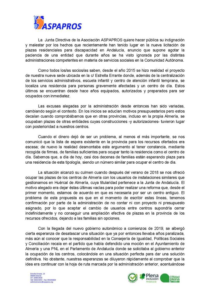 ASPAPROS's tweet photo. COMUNICADO OFICIAL

La Junta Directiva de ASPAPROS quiere compartir su hartazgo en relación a la situación que la asociación viene soportando por la no ocupación de sus centros en la capital. 

Gracias amig@s.

#discapacidadintelectual #inclusion #justicia https://t.co/FMbBXCNwBk