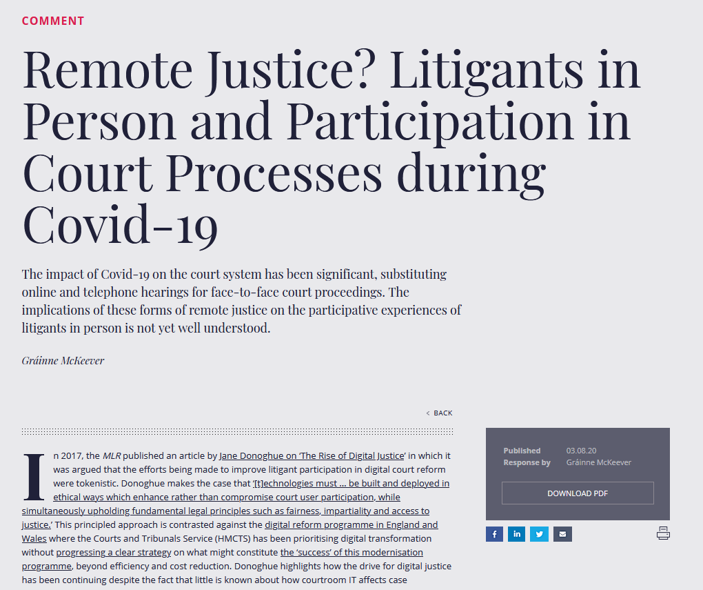 ModernLRev's tweet photo. New on the MLR Forum @McKeeverGrainne on litigants in person and the courts during Covid-19: https://t.co/P9Yy2ceFMI https://t.co/a5gy0sc0LS