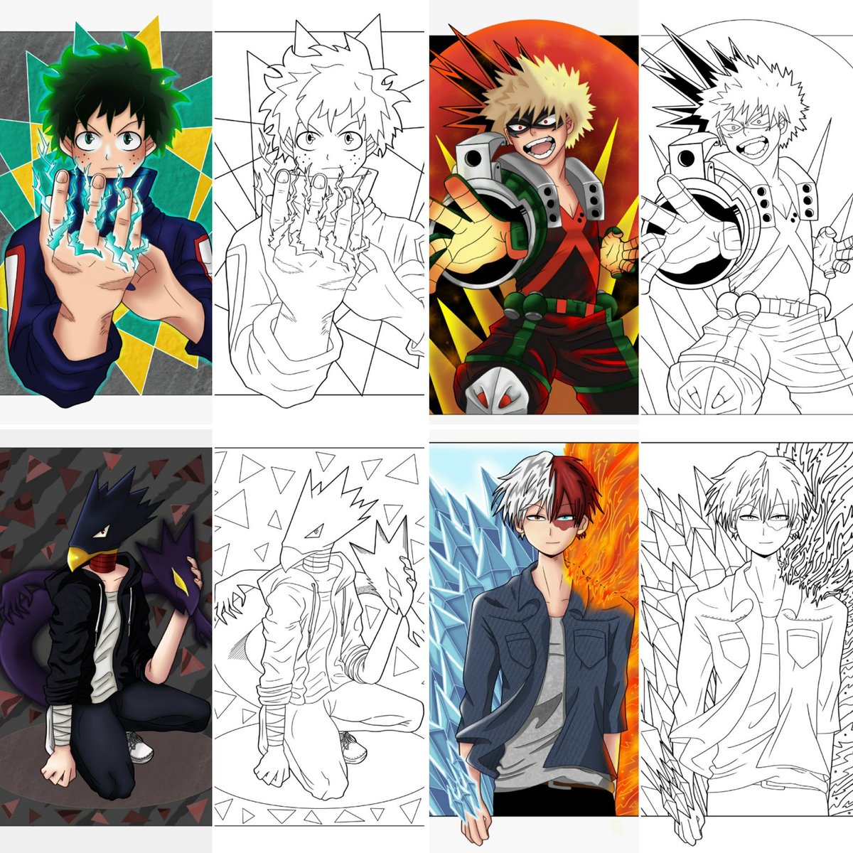 GaeIsatis's tweet photo. Retrouvez 4 illustrations à colorier avec leur original sur #gumroad. 
Vous pouvez les télécharger en pack grâce au Pack d août 2020 ou en individuel.Ce mois-ci est consacré aux personnages de #MyHeroAcademia .
Retrouvez #Deku #katsukibakugou #fumikage et #shoto 
#Fanarts #mangas https://t.co/KfWdFFDAKR