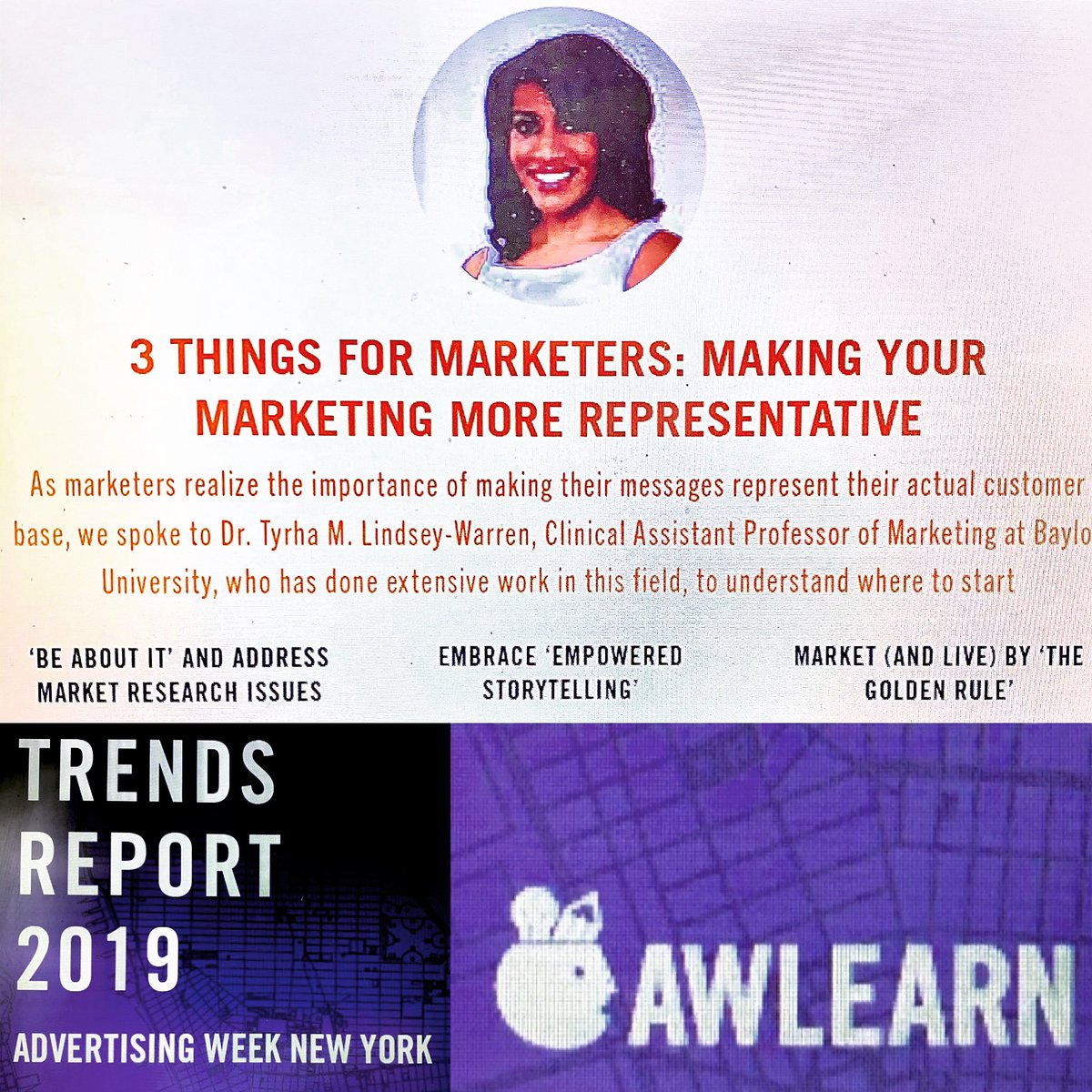 Tyrhamarie's tweet photo. Many thanks to @advertisingweek New York and AWLearn for including my contribution in your annual “Trends Report.”
What an honor to share my research and insights on how to help brands make their marketing and advertising more representative. #advertisingweeknyc #awlearn https://t.co/EGvryKzozK