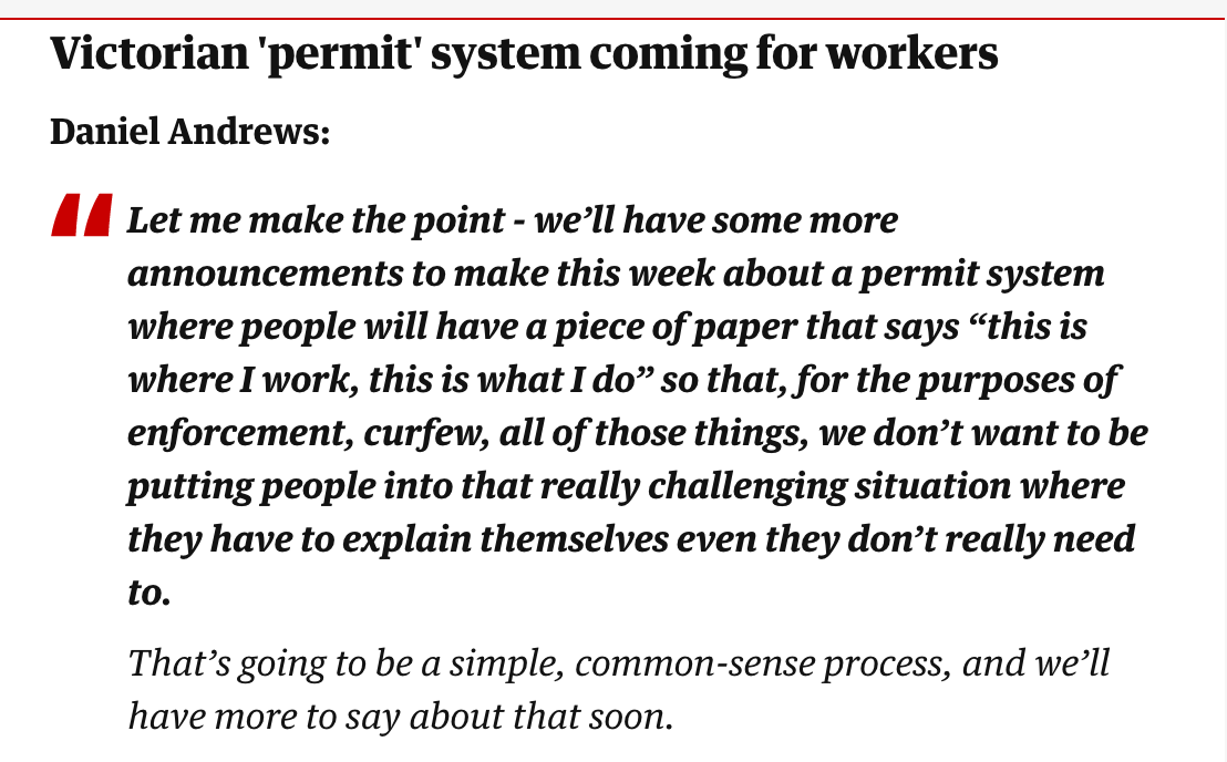 earleyedition's tweet photo. Conservatives who demanded stricter lockdowns – then called Daniel Andrews a dictator for imposting them – to characterise #workerspermits as the Gestapo's 'papers please' in 3, 2, 1…
https://t.co/3peWJk8cPN #permitsystem #CovidVic #COVIDVIC19 https://t.co/qvWb36jsCW