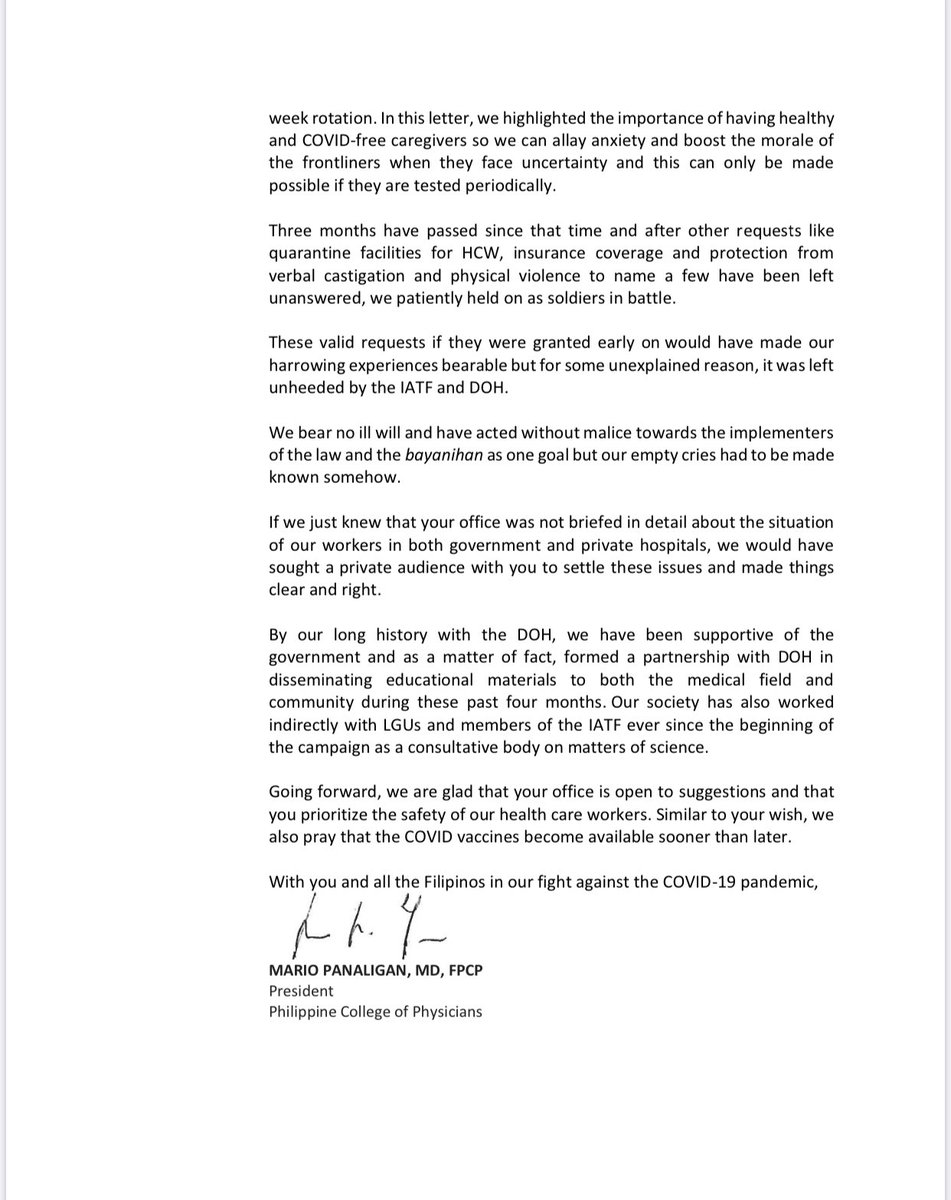 ABSCBNNews's tweet photo. LOOK: Philippine College of Physicians has sent this letter to Pres. Duterte. 

“It was not the intention of the media forum to humiliate the administration and the IATF. The call was for the DOH and IATF to provide the HCWs a fighting chance in the war against #COVID19.” https://t.co/DeRKI4UX7x