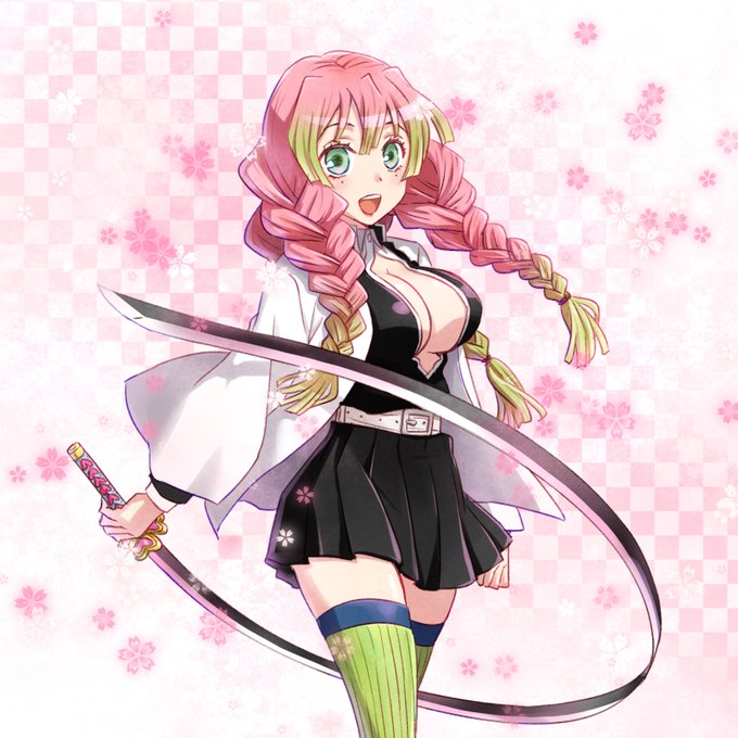 梅豆腐さんがTwitterに投稿した甘露寺蜜璃(鬼滅の刃)のイラスト。