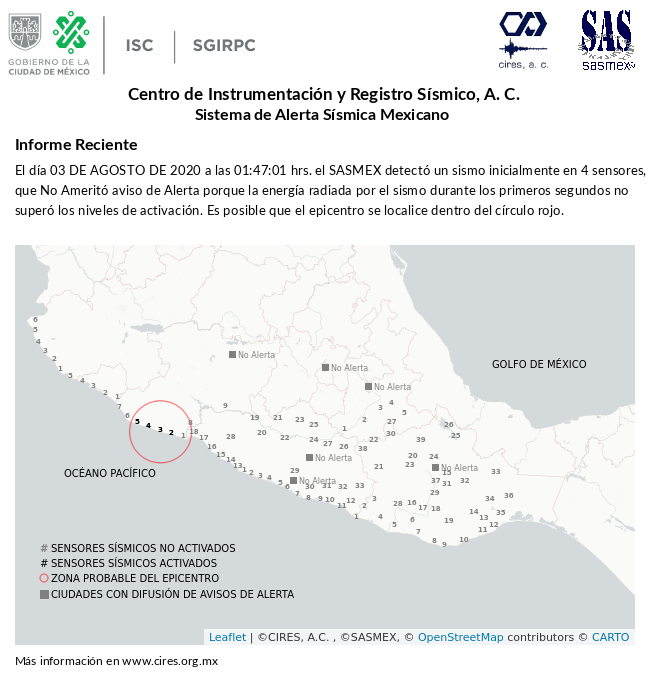 SASMEX's tweet image. Informe preliminar del #Sismo del 03-ago-20 a las 01:47:01 hrs. Más información en cires.org.mx/reportes_sasme… #TenemosSismo #LaPrevenciónEsNuestraFuerza
