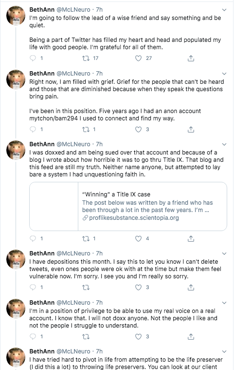 6. McLaughlin's last thread on McLNeuro account which I still had open in a tab. She admits to having had "an anon account mytchon/bam294." Can't find archives for either. mytchon doesn't exist and bam294 hasn't tweeted.Archive:  https://archive.vn/lgOkP 