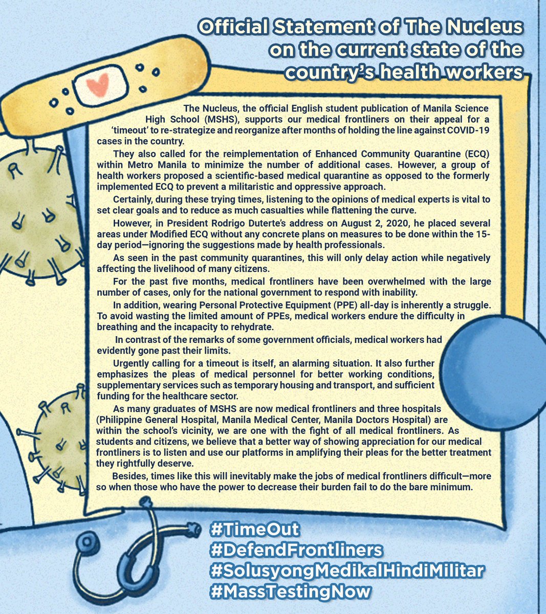 TheNucleusMSHS's tweet image. The Official Statement of the Nucleus on the current state of health workers in the country. 

#TimeOut
#DefendFrontliners 
#SolusyongMedikalHindiMilitar
#MassTestingNow