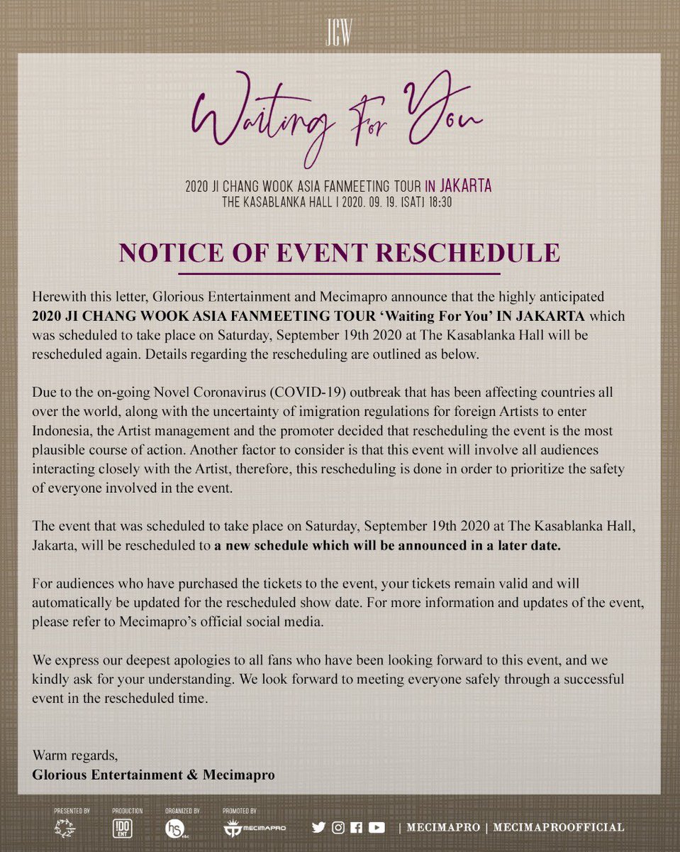 mecimapro's tweet photo. [NOTICE] 2020 JI CHANG WOOK ASIA FANMEETING TOUR 'Waiting For You' IN JAKARTA - Event Reschedule. #JiChangWookInJKT #WaitingForYouInJKT https://t.co/YeIKOEZlCE