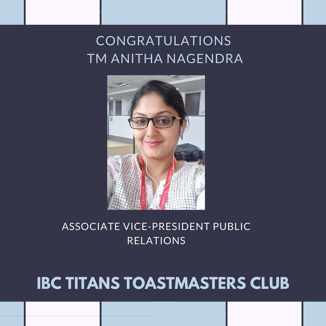IBCTitans's tweet photo. Congratulations TM Anitha Nagendra for being selected as Associate Vice President Public Relations of IBC Titans Toastmasters Club. 🎉🥳😊
#clubofficers #toastmasters #ibctitans https://t.co/fg2yNFe28X