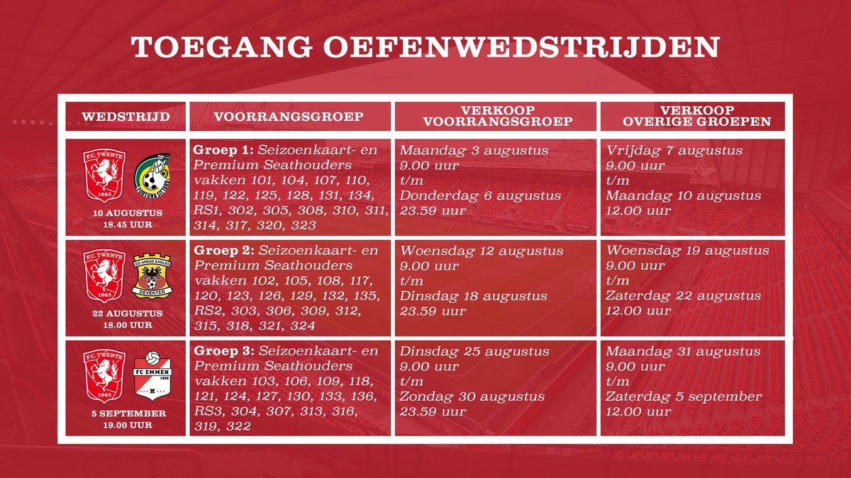 🎟️ De kaartverkoop voor FC Twente - Fortuna Sittard is begonnen, voor seizoenkaart- en Premium Seat-houders uit voorrangsgroep 1. 

➡️ bit.ly/2Pw3Lxz

#FCTwente #twefor
