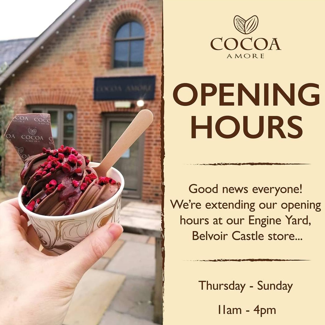 CocoaAmore's tweet photo. ⭐️ OPENING HOURS UPDATE ⭐️
Good news everyone! We're extending our opening hours at our @EngineYardBC store.
We will now be open on Thursdays 11am - 4pm.
#SayItWithCocoaAmore #cocoaamore #engineyard #belvoir #openinghours #chocolate #chocolateshop https://t.co/UFIqX4kMgu
