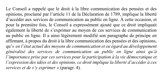 PJanuel's tweet photo. Le commentaire du Conseil constit sur la #PPLAvia (la décision de "boucherie constitutionnelle")
https://t.co/i8tkB3zUZO
Le Conseil a rattaché pour la première fois la "liberté de s’exprimer au moyen de ces services de communication au public en ligne" à l’article 11 de la DDHC https://t.co/BSaRf3Pwek