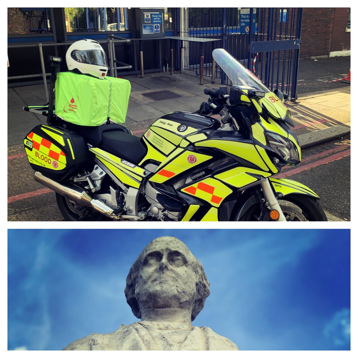Mary Ann having a busy day... but where abouts was her destination this time? This chap might give you a clue

#servssl #ItsWhatWeDo #bloodbikes #bloodcars #bloodrunners #london #fjr1300 #volunteers #nhs #team999
