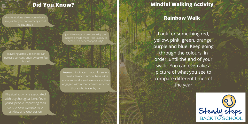 FifeActiveSch's tweet photo. Active Travel - Steady Steps Back to School

🚶‍♀️Mindful Walking allows you to be in the moment having time for YOU!

🎒Before school is a fantastic time to practice mindful walking

👇See below for a fun activity to try and some important facts on mindful walking
#KeepFifeActive https://t.co/yxVB4XlMXP