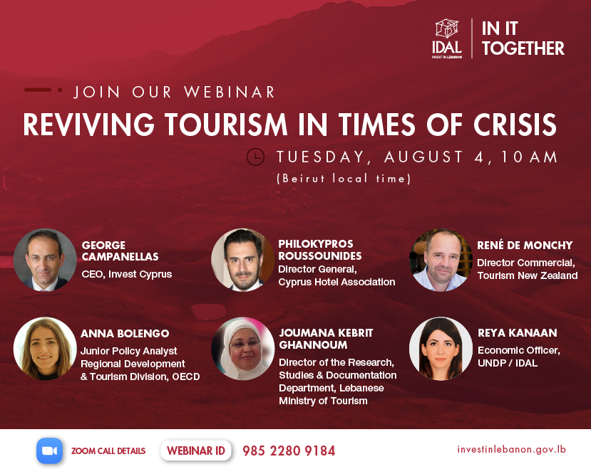 Invest_Lebanon's tweet photo. JOIN OUR #WEBINAR TOMORROW! As the #Lebanese #economy grapples with its economic crisis + challenges of COVID-19, we explore ways, based on Int'l best practice, to revive the #Tourism Sector as a way to contribute to economic recovery. REGISTER HERE https://t.co/PNr5bHCXVu https://t.co/Q4IBl41Iyv