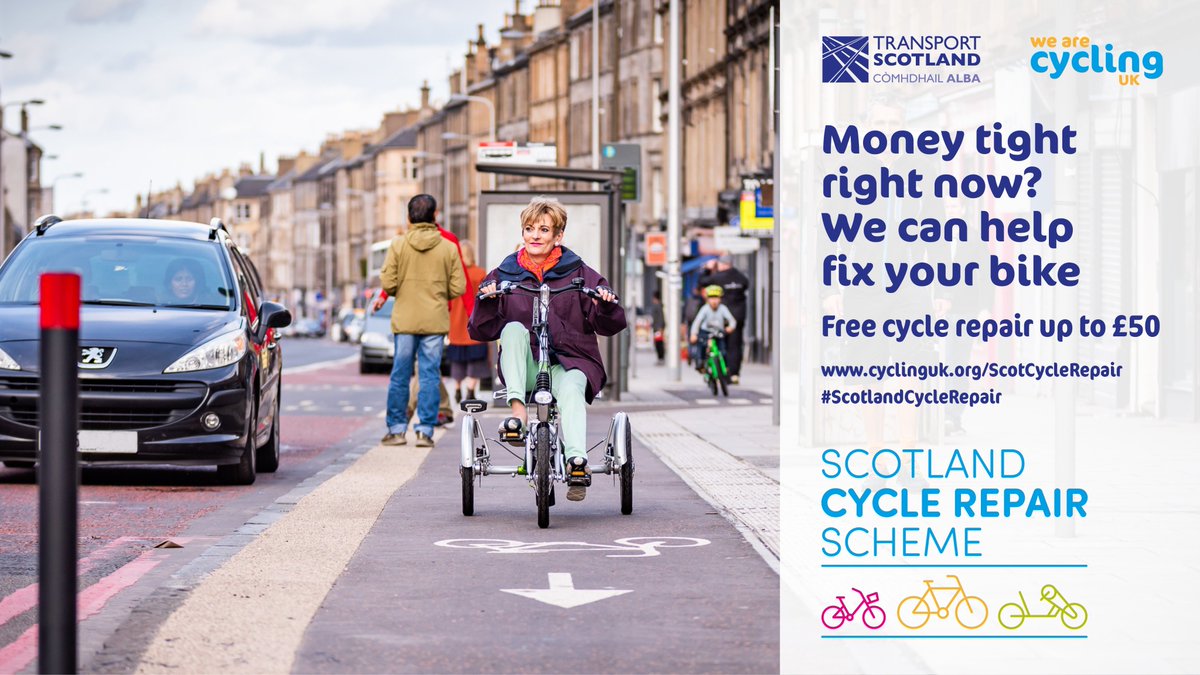 CyclingUKScot's tweet photo. Today we launch the #ScotlandCycleRepair Scheme - providing free bike repairs and maintenance to those who need it most.

👉 https://t.co/2ikuLlfEpN

Delivered by Cycling UK and funded by @transcotland https://t.co/b0IQzEc6WX