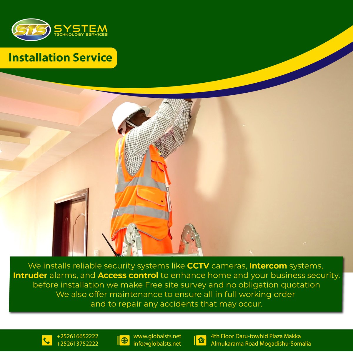globalstsone's tweet photo. #Installation_Service
#CCTV_Installation
#Intercom_System_Installation
#Access_Control_Installation
waxaan diyaar u nahay mar-walba inaan xalino
baahidaada.
fadlan macmiil nala soo xiriir si aan kugu adeegno.
waxaan diyaar u nahay
qancinta macmiilkeena. https://t.co/KZqxyEO8D0