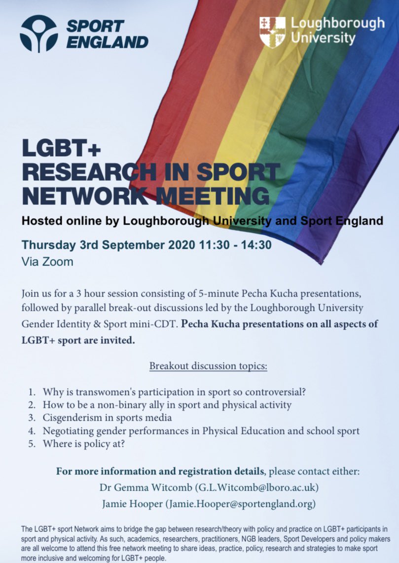 🔔 Event Announcement 🔔 Join us on Thursday 3rd September 11:30 - 14:30 via Zoom for the LGBT+ Research in Sport Network Meeting. A must attend event for all those interested in LGBTQI+ sports inclusion. Please see the flyer below for more information and share widely #LGBTSport