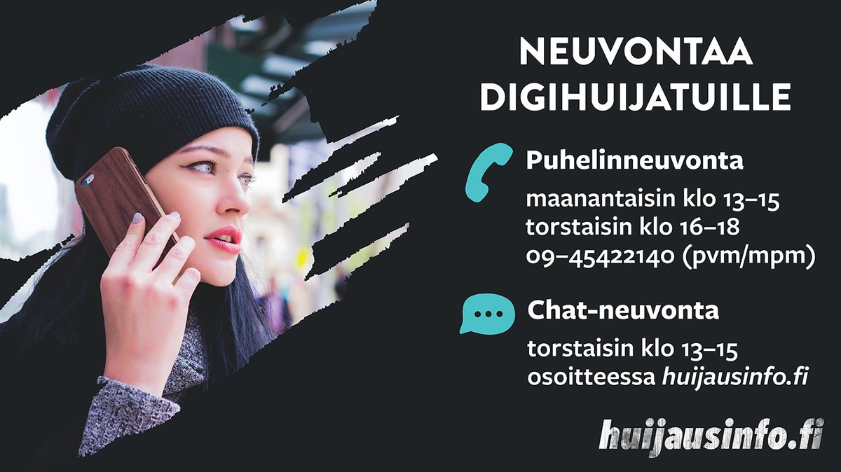 ⚠ Tulitko huijatuksi netissä tai puhelimessa? Ota yhteyttä neuvontaamme! Palvelemme 3.8.2020 alkaen:

📞Puhelinneuvonta maanantaisin klo 13–15 ja torstaisin klo 16–18, p. 09-45422140 (pvm/mpm)
💬Chat-neuvonta torstaisin klo 13–15 huijausinfo.fi
#digihuijaus #huijausinfo