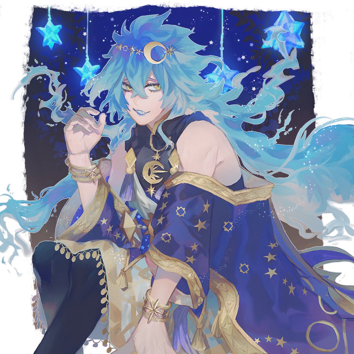 blue lips long hair 1boy male focus blue hair yellow eyes solo  illustration images