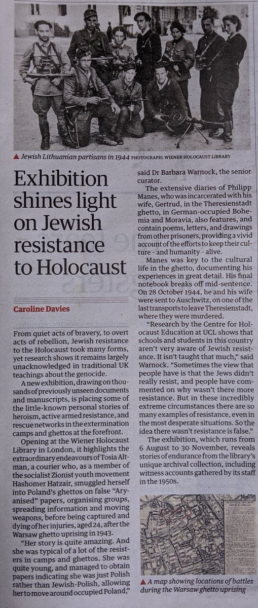 "The idea that there wasn't any resistance is false." Thank you to <a href="/guardian/">The Guardian</a> &amp; <a href="/ccdavies/">Caroline Davies</a> for featuring the Library's new exhibition which highlights the remarkable, and sometimes overlooked, story of #JewishResistance. Opens 6 Aug, pre-booking essential. bit.ly/3firwU4