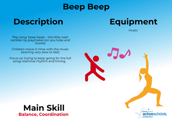 ActiveSchoolsED's tweet photo. Into the last week of our Virtual Summer Camp and today we have ‘Beep Beep’ and ‘Beanbag Skittles’ for you to try!
Please share any videos at
#ActiveVideos @sportscotland
@Edinburgh_CC https://t.co/DnU7d5x26K