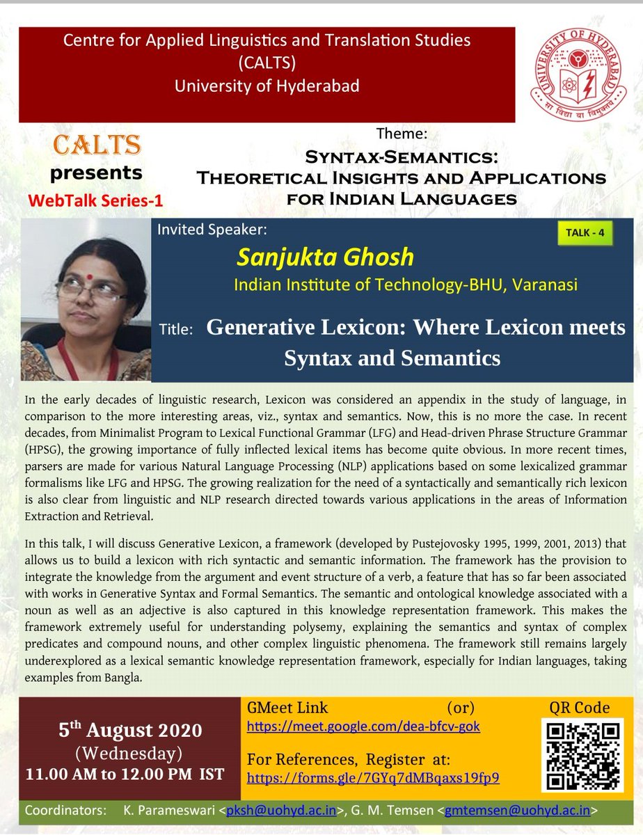 k_ditya's tweet image. Interesting lecture by Dr. Sanjukta Ghosh on lexicon in generative syntax-semantics, organized by CALTS, Hyderabad.

#linguistics #linguisticstwitter