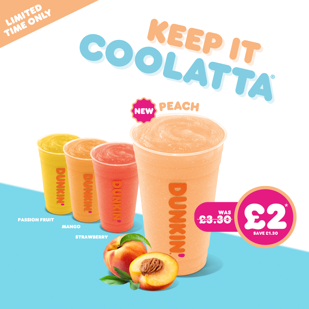 dunkindonutsUK's tweet photo. Summer refresh! New peach flavour Coolatta®. Grab a regular for £2 all day!
#DunkinUK #Coolatta https://t.co/vr83UpJoCW