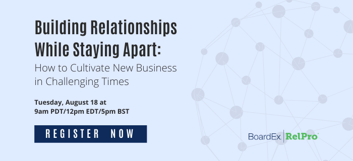 Join us on August 18th! RelPro and <a href="/BoardEx/">BoardEx</a> are hosting a webinar discussion with industry leaders from <a href="/Aon_plc/">Aon</a> &amp; <a href="/WinstonLaw/">Winston & Strawn LLP</a> on how they are staying relevant and maintaining their new business pipelines in the current environment. bit.ly/3hXtVFi