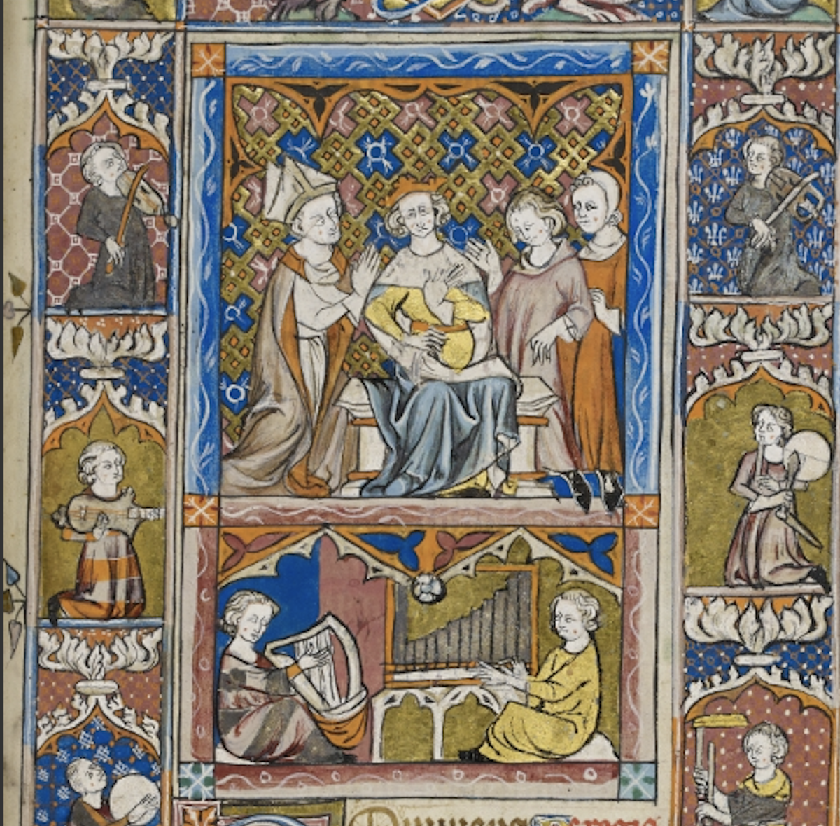 MedievalOrgan's tweet photo. A positive organ and a harp with its fabric case. Also other instruments around: citole, vielle, pipe and tabor, drums...  Oxford, Christ Church 92 (14th century).
#medievalorgan #positiveorgan #medievalkeyboards https://t.co/DMxSRsAjxf