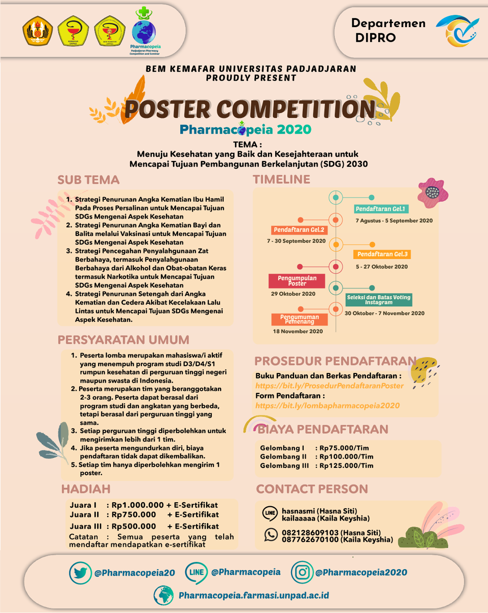 [ Lomba Poster Pharmacopeia 2020✨]

Halo lomba poster akan segera dibuka, untuk info pendaftaran dan lainnya simak poster berikut yuk☺✨

Buku Panduan dan Berkas Pendaftaran
bit.ly/ProsedurPendaf…

Form Pendaftaran
bit.ly/lombapharmacop…