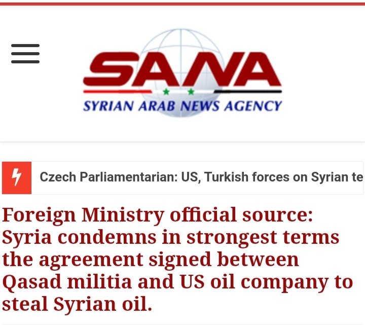 A reaction to this deal was published by the Syrian state news agency SANA, slamming the deal as "integrated and aggravated theft and can only be described as a deal between thieves who are stealing and thieves who are buying, constituting an assault against Syria's sovereignty"
