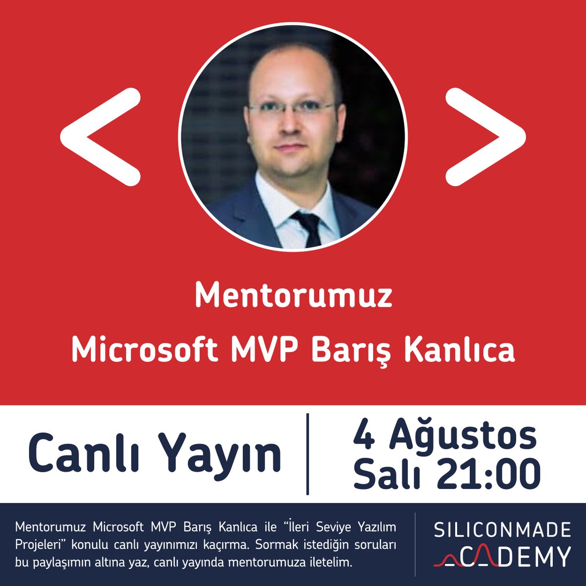 Siliconmade Academy (@siliconmadeacad) on Twitter photo Siliconmade Academy Mentoru Microsoft MVP Barış Kanlıca ile @siliconmadeacademy Instagram hesabımızdan gerçekleştirilecek canlı yayınımızı kaçırma. Sormak istediğin soruları bu paylaşımın altına yaz, canlı yayında mentorumuza iletelim. <a href="/brsk/">Baris KANLICA</a>
.
Instagram: instagram.com/siliconmadeaca… Siliconmade Academy Mentoru Microsoft MVP Barış Kanlıca ile @siliconmadeacademy Instagram hesabımızdan gerçekleştirilecek canlı yayınımızı kaçırma. Sormak istediğin soruları bu paylaşımın altına yaz, canlı yayında mentorumuza iletelim. <a href="/brsk/">Baris KANLICA</a>
.
Instagram: instagram.com/siliconmadeaca…
