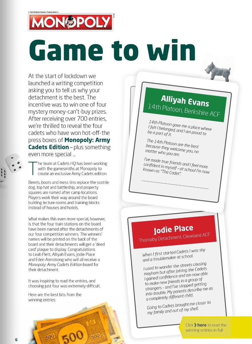 MindenPr's tweet photo. She is making headlines again
Well done to @LeahF_XoX our Cadet CSM for getting her name onto the ACF monopoly game.

ACF magazine on the link below
https://t.co/JrSmmaFliM

Well done again CSM 
@ColCdts51X @ComdtWLBnACF @CTTScotland https://t.co/Rggl9UG77K