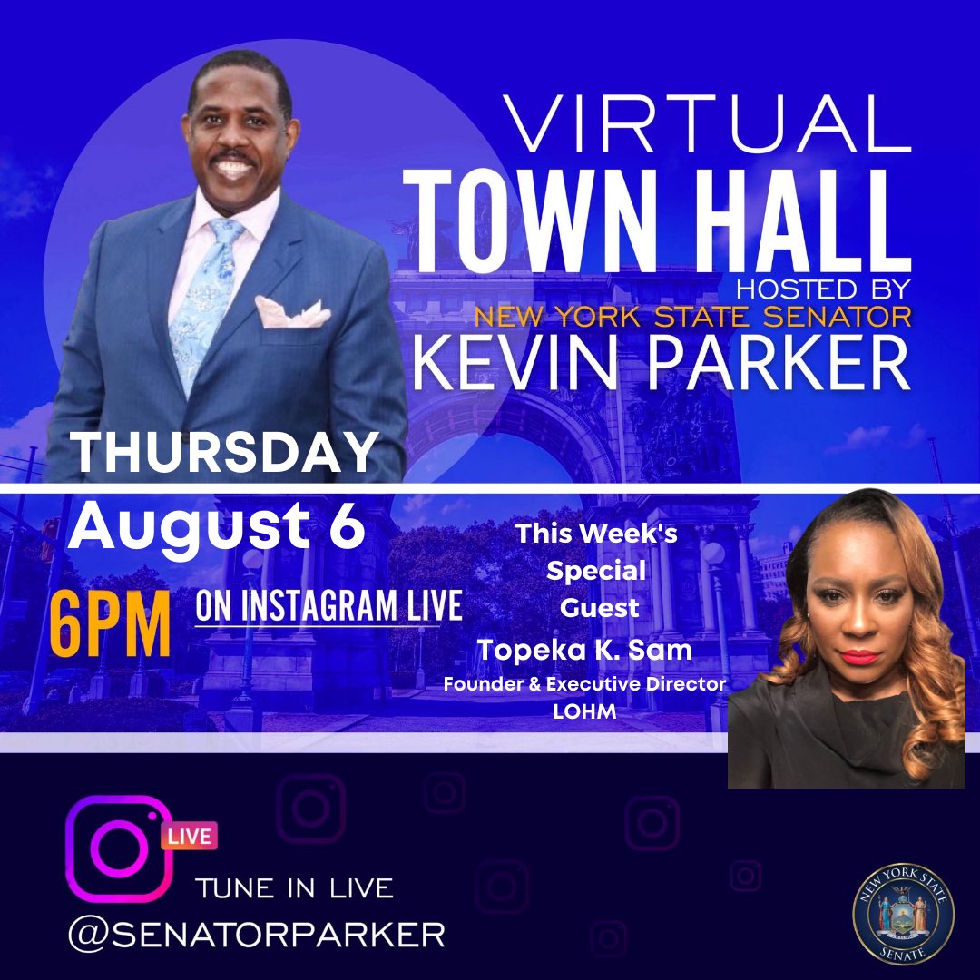 kevinparkernyc's tweet photo. This Thursday, August 6th at 6:00PM tune into my virtual town hall with special guest @TopekaKSam , Founder & Executive Director of @thelohm!
#TopekaSam #LOHM #TheLohm #Advocate #CriminalJusticeReform #PublicFigure #Host #TKSShow #NYForJustice #RewritingHerStory #HOPEHOUSENYC https://t.co/LXtPQaeEhO