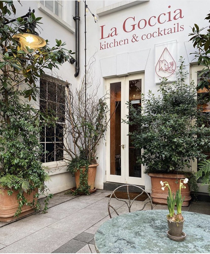 La Goccia-STUNNING outdoor seating. -Eat-out to help out: NO-spend: £35-45Bonus: go at lunch 1-3pm for £30 pp and you’ll get a glass of prosecco & three courses