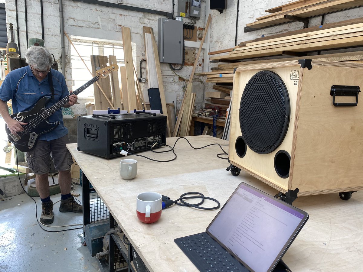 Who knew that the most important tool in a workshop would be a bass guitar? Good to visit @GMcClafferty from @BlondEnclosures to see his beautiful cab in the flesh. Well, strictly speaking, in the 21mm birch ply.