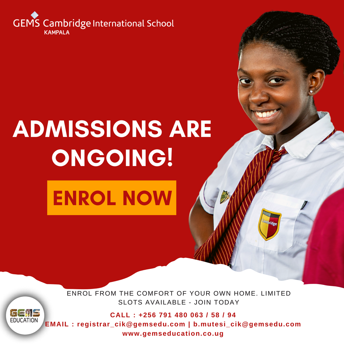 Enrolment is ongoing! Join the amazing GEMSCIK community. Visit gemseducation.co.ug/admissions and get the process started. We are excited to have you. #AlwaysLearning #OneTeam #Care #Excellence
