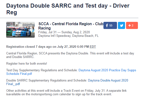 The event held at Daytona was hosted by the Central Florida Region SCCA chapter and included various classes of cars. While this tells us who put it on, it is inconsequential because the hosting organization is only there to enforce their rules.  https://www.motorsportreg.com/events/daytona-double-sarrc-driver-registration-intl-speedway-scca-central-389890