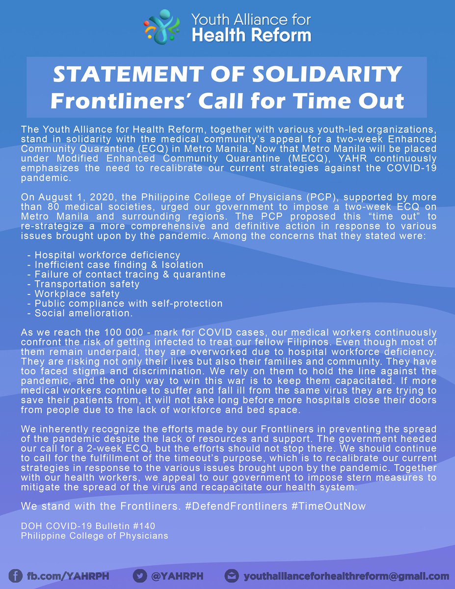 YAHRPH's tweet photo. The Youth Alliance for Health Reform, together with various youth-led organizations, inherently recognize the efforts made by our Frontliners in preventing the spread of the pandemic despite the lack of resources and support. The government heeded our call for a 2-week ECQ
(1/3) https://t.co/sBR3IEVWG8
