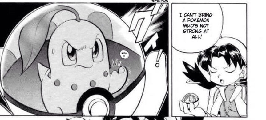 This panel in Pokemon Adventures is the same way a lot of fans look at Chikorita 