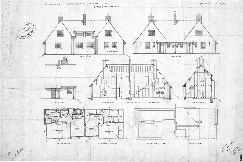 In 1920, Herbert L. North produced these plans, sections and elevations of an approved design of cottages for Llanfairfechan Urban District Council. Ink on paper, on a scale of eight feet to one inch.  https://coflein.gov.uk/en/archive/6017552/details/504 #PlannersDay