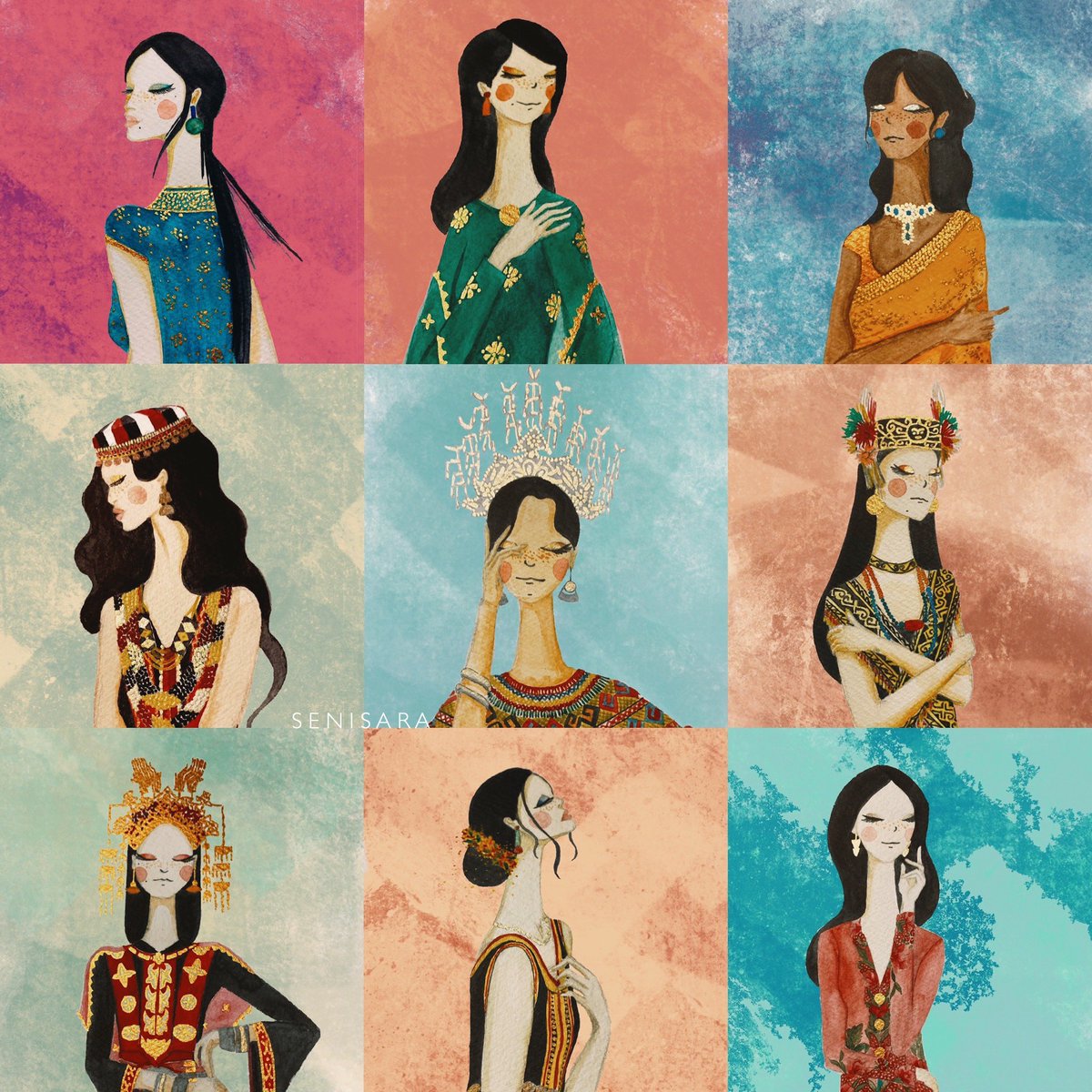 nsarahr90's tweet photo. Hello #ArtistsofSEA ! I’m Sarah from Malaysia and I love to draw the beautiful women of Malaysia in their beautiful traditional attires ! 

#faceyourart 
#artistsontwitter 
my lil instagram page : @senisara.my https://t.co/RPOgK3HUbH