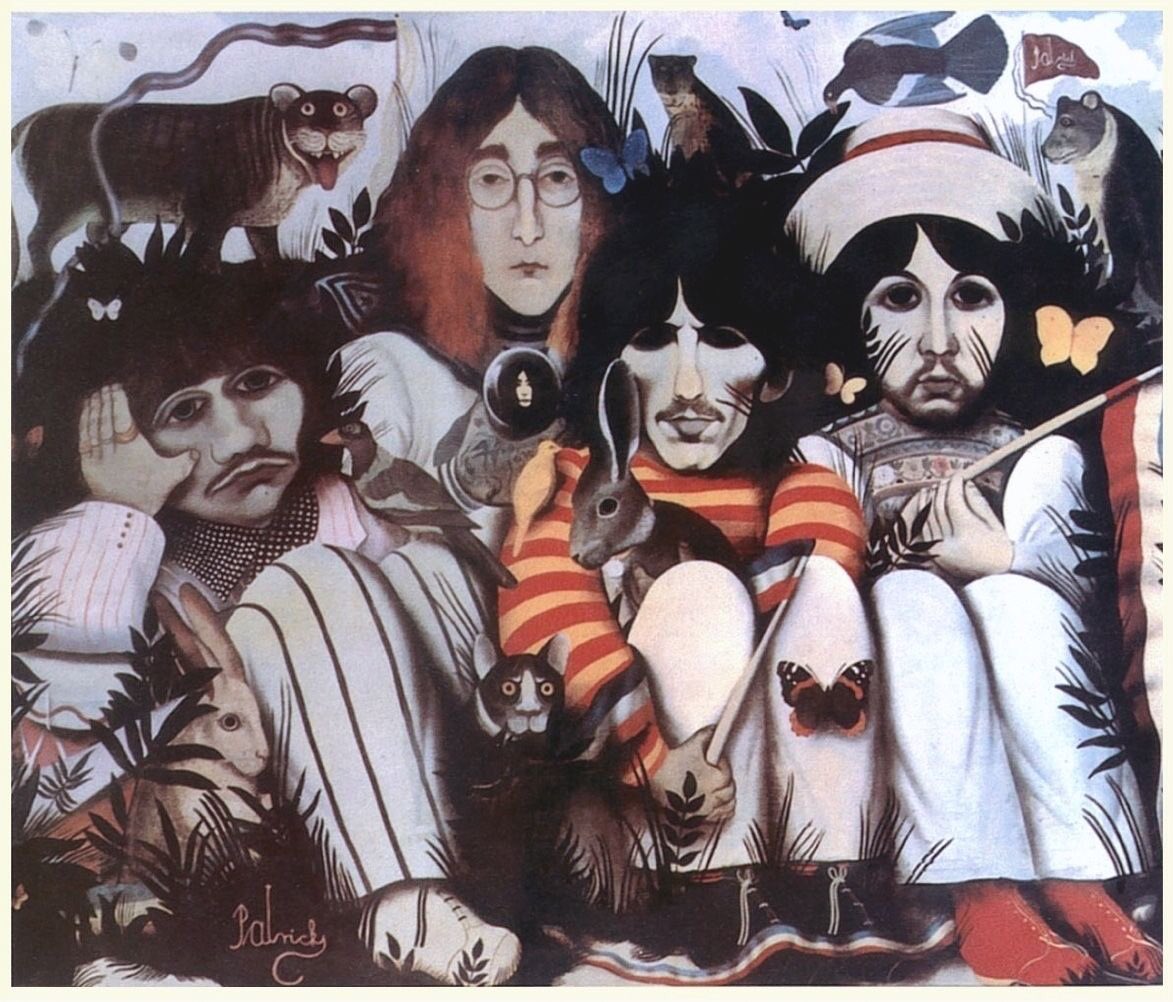 The Beatles’ “White Album” (November 1968) originally was going to be called “A Doll’s House”, reflecting the spooky, odd, motley collection of songs on it. John Patrick Byrne was commissioned to provide its cover (image).