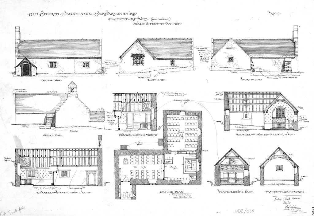 These ink on cardboard illustrations show the proposed repairs to be undergone at Celynin’s Old Church,  #Llangelynin,  #Conwy. The drawings were produced by Herbert L. North in June 1907, and the repairs were carried out.  https://coflein.gov.uk/en/archive/6023726/details/504 #PlannersDay